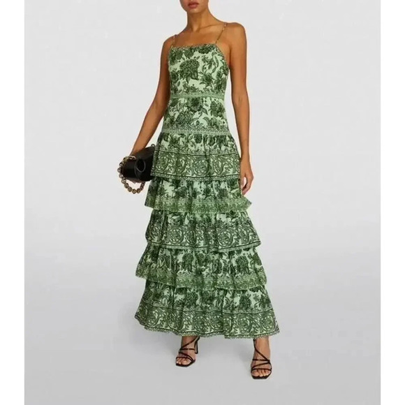 NWT Alice + Olivia Valencia Floral Sage Green Tiered Maxi Dress Size 2 - Picture 3 of 16